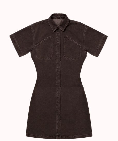 A dark brown short-sleeve button-up shirt mini dress with two chest flap pockets, shown flat against a light off-white background.