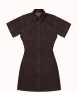 A dark brown short-sleeve button-up shirt mini dress with two chest flap pockets, shown flat against a light off-white background.
