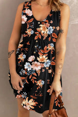 Woman wearing a black floral mini  dress against a neutral background