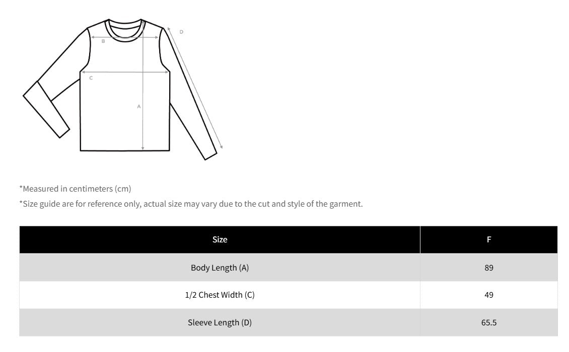 A size measurement diagram for a long-sleeve top, showing labeled body, chest, and sleeve measurements with a size table below listing measurements for size F.