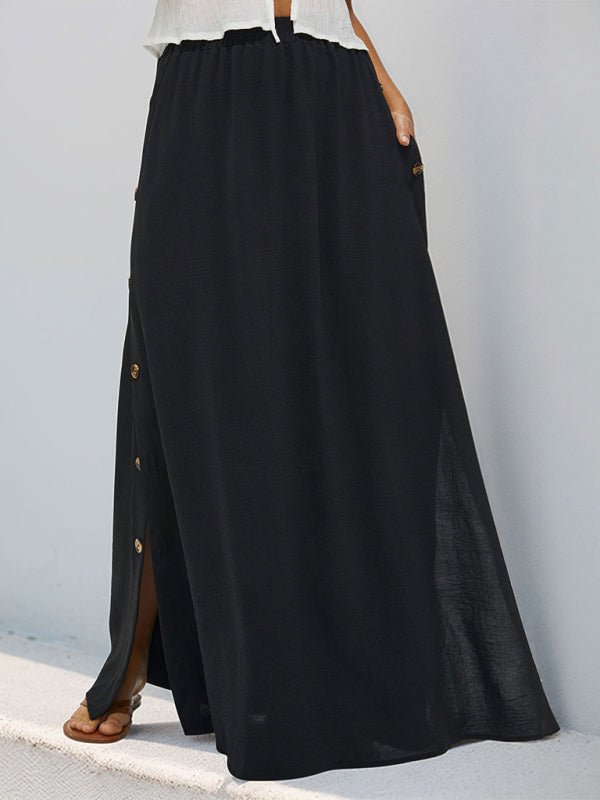 Side view of maxi skirt showing gold button detail