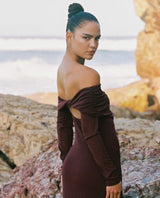 Allie Off The Shoulder Maxi Dress - Brown - Go-Dolly