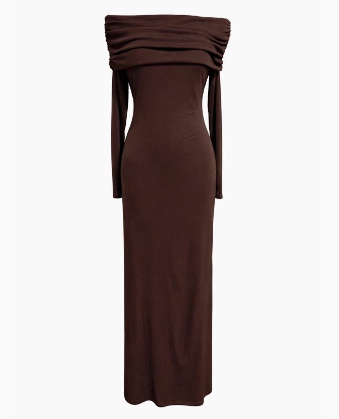 Allie Off The Shoulder Maxi Dress - Brown - Go-Dolly