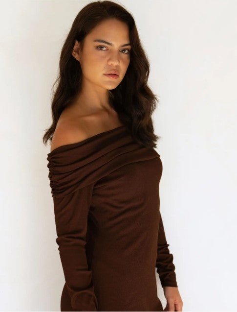 Allie Off The Shoulder Maxi Dress - Brown - Go-Dolly