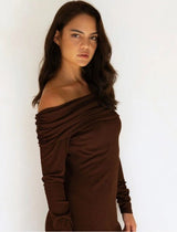 Allie Off The Shoulder Maxi Dress - Brown - Go-Dolly