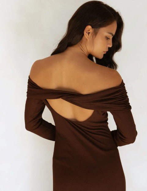 Allie Off The Shoulder Maxi Dress - Brown - Go-Dolly