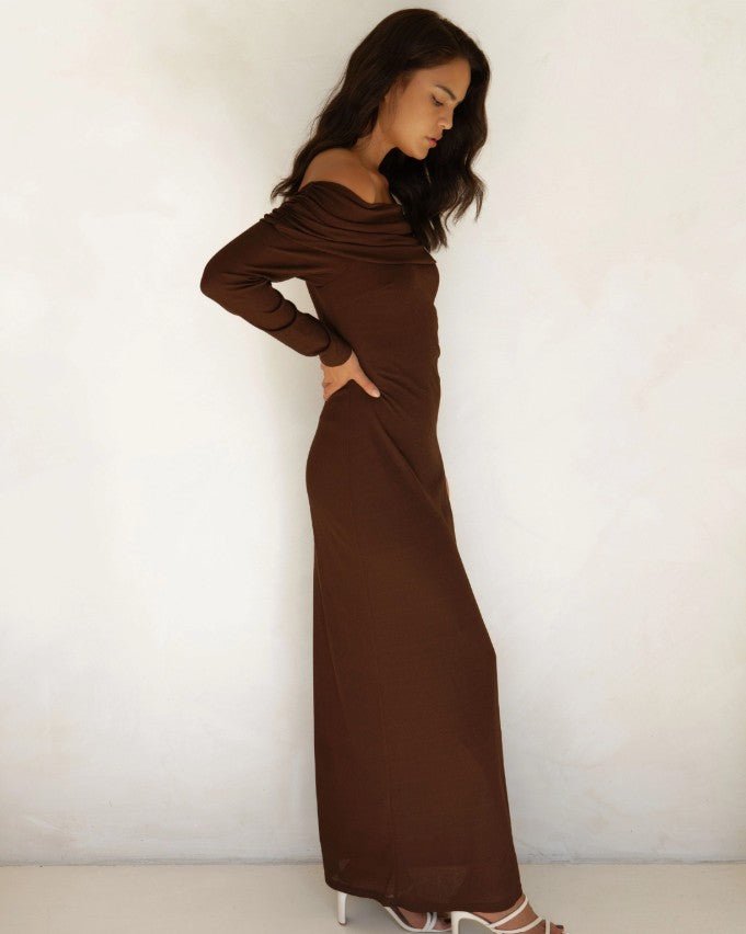 Allie Off The Shoulder Maxi Dress - Brown - Go-Dolly