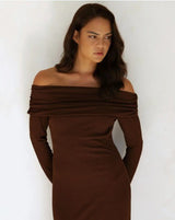 Allie Off The Shoulder Maxi Dress - Brown - Go-Dolly