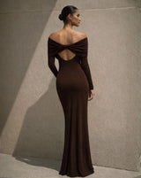 Allie Off The Shoulder Maxi Dress - Brown - Go-Dolly