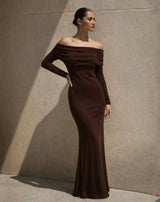 Allie Off The Shoulder Maxi Dress - Brown - Go-Dolly