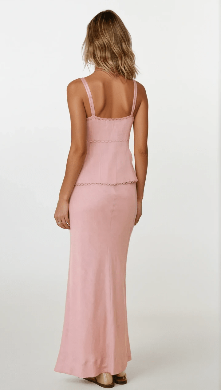 Back view of Blush Pink Amalia Set showing adjustable straps and skirt fit.