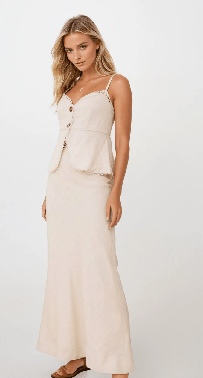 Side profile of Off White Amalia Set highlighting flowy maxi skirt and trim detail.