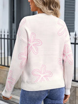 Angel Wings Flower Round Neck Dropped Shoulder Sweater - Go-Dolly