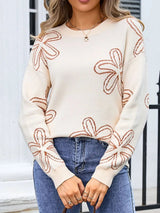 Angel Wings Flower Round Neck Dropped Shoulder Sweater - Go-Dolly