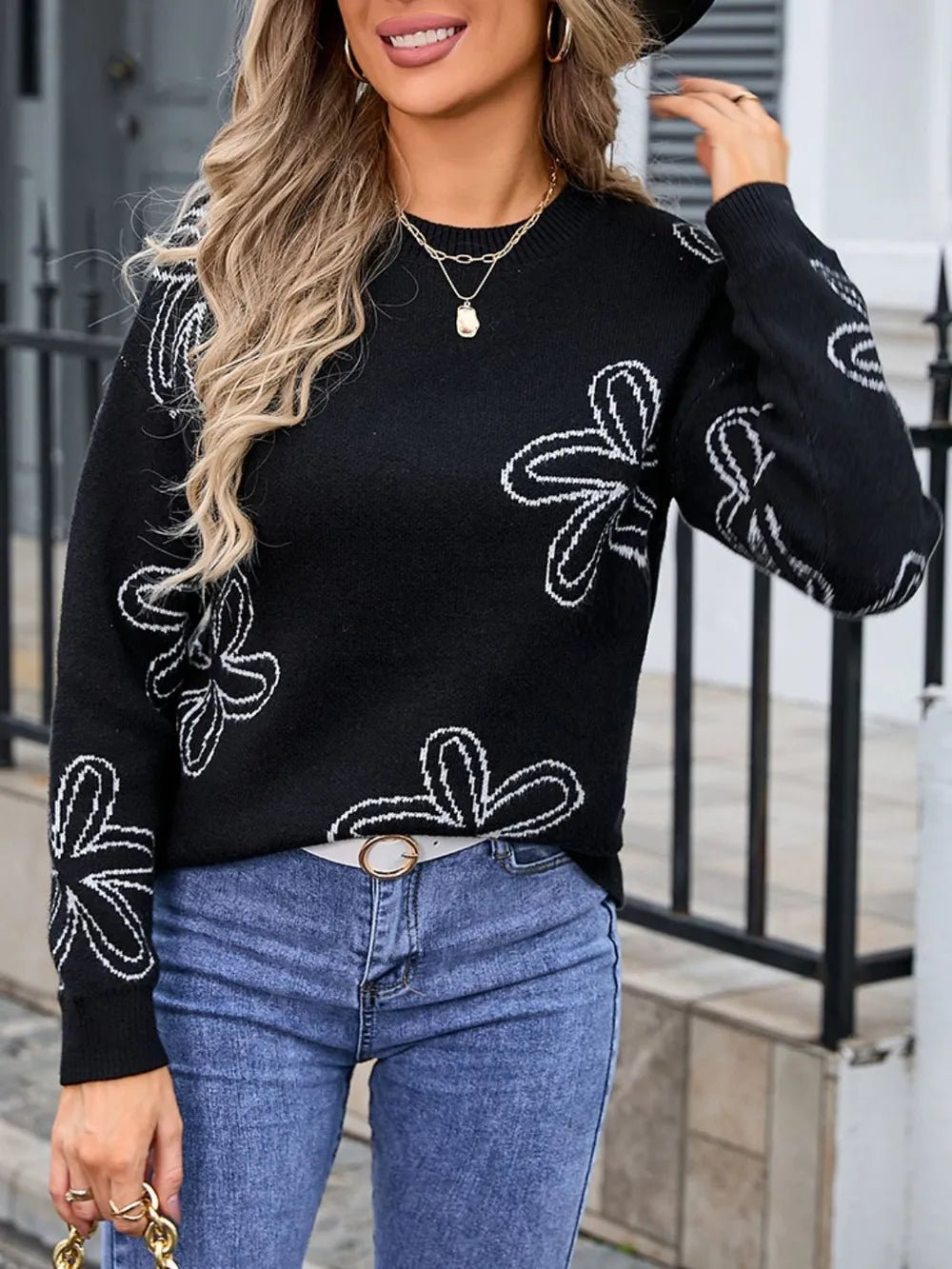 Angel Wings Flower Round Neck Dropped Shoulder Sweater - Go-Dolly