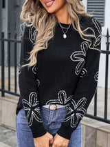 Angel Wings Flower Round Neck Dropped Shoulder Sweater - Go-Dolly
