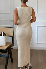 Back view of the Arlo Skirt and Top Two Piece Set displaying its soft knit texture and elegant silhouette.