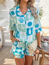 Front view of Back to You Blue Two Piece Set, button-up shirt and matching shorts.