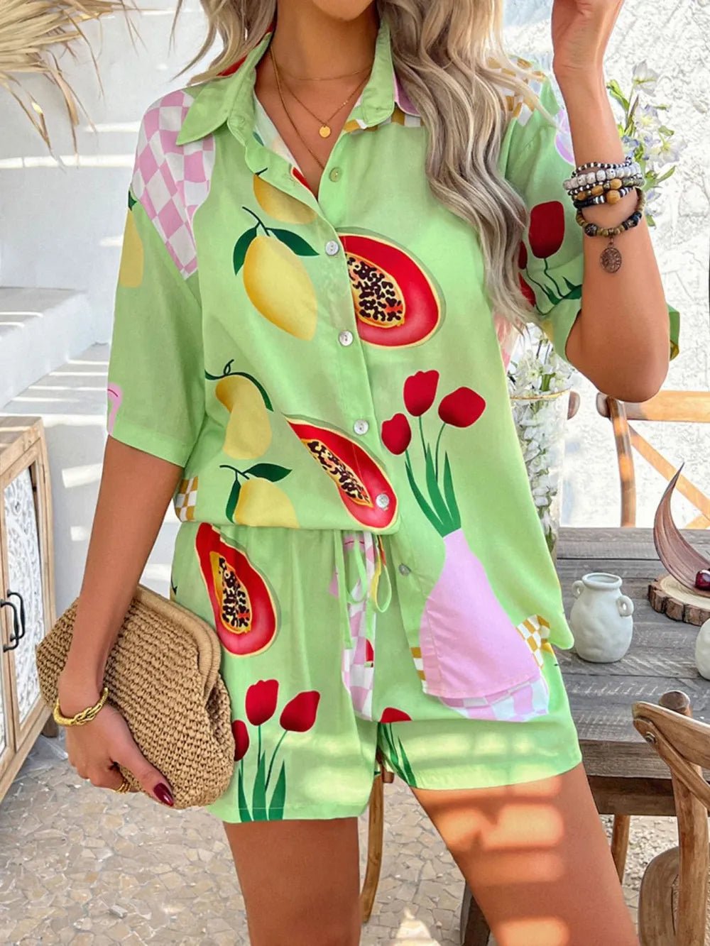 Lifestyle photo of Back to You Two Piece Set in floral print styled for summer.