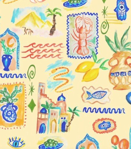 Flat lay of Cairo Shirt & Shorts Set showing colourful hand-painted cotton fabric pattern.