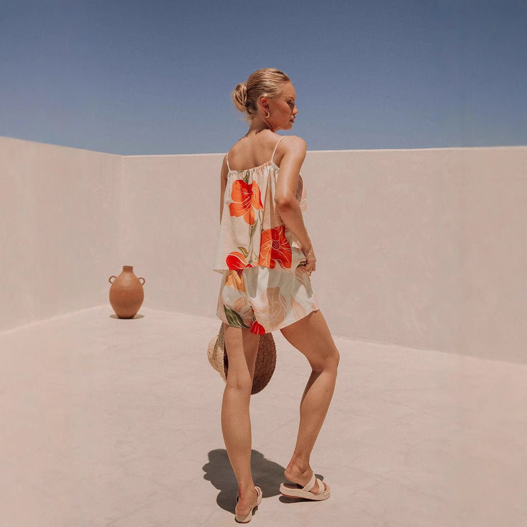 Side view of the Cali Shorts and Top Two Piece Set showing the soft, lightweight linen texture.