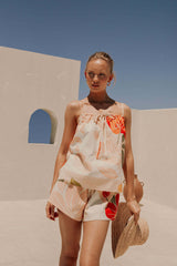 Full-body image of the Cali Shorts and Top Two Piece Set styled for a sunny outdoor look.