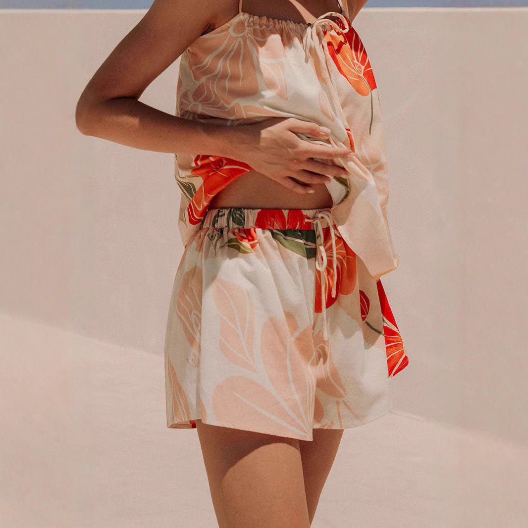 Close-up of the Cali Shorts and Top Two Piece Set showing the tie straps on the top.