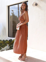 Side angle of the Calista Skirt and Top Two Piece Set in bronze showing the halter tie detailing.