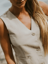 Front-facing close-up of the Carrie Vest, highlighting the relaxed fit and deep neckline.