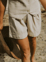 Close-up of the Cate Shorts showing the fabric texture and polished button detail.