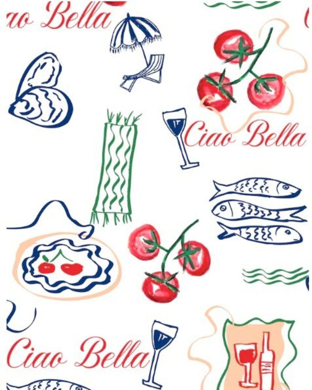 Flat lay of the Ciao Bella Top and Shorts Set highlighting hand-sketched cherries, fish, and lettering print.