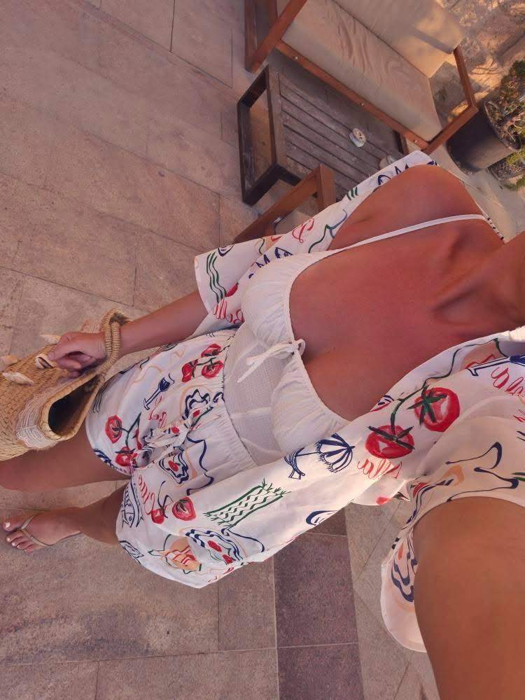 Overhead view of the Ciao Bella Top and Shorts Set showing artistic European-inspired print.