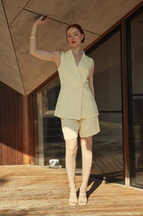 Front view of the Clare Shorts Two Piece Set showcasing the lightweight, elegant fabric movement.