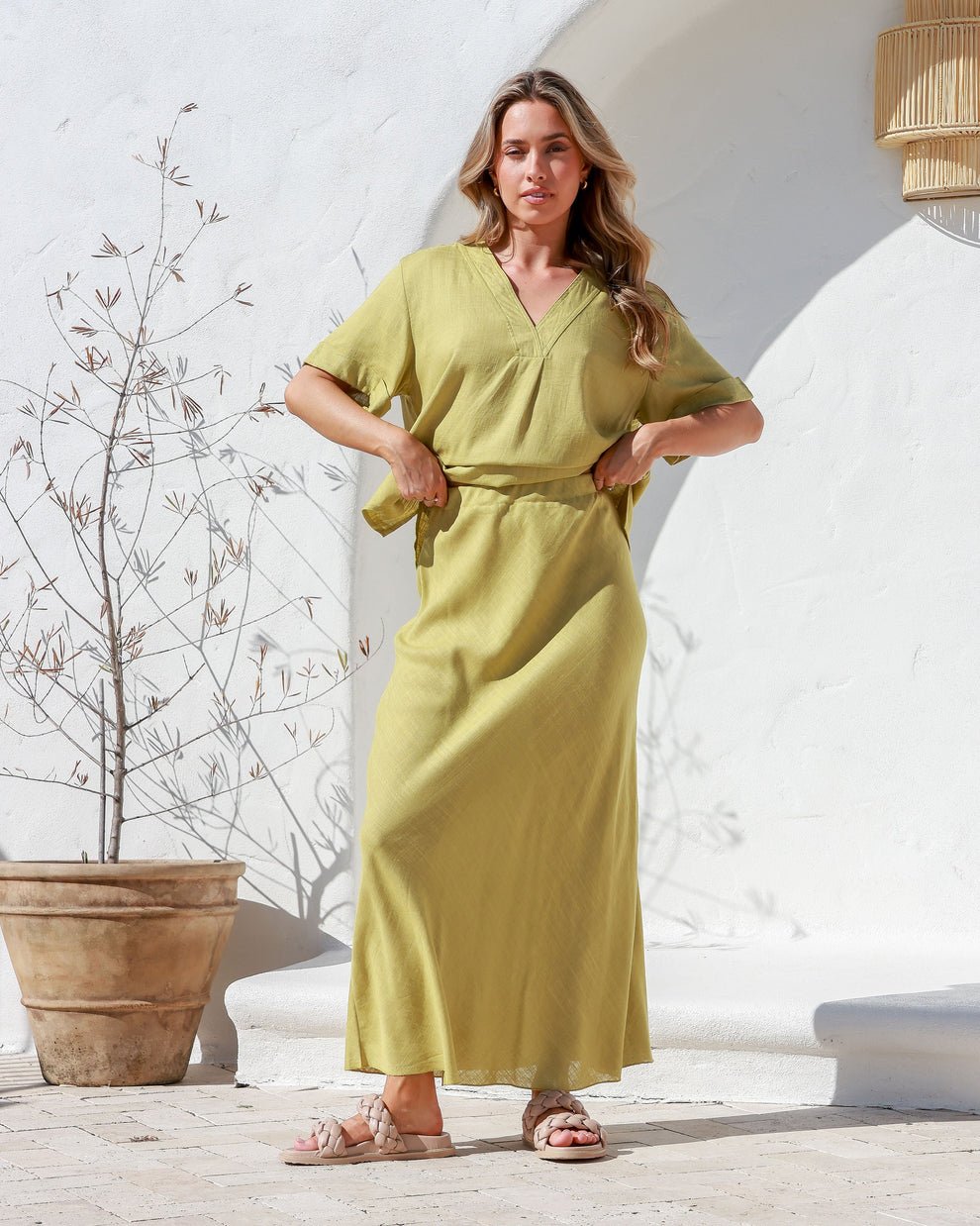 Label of Love A-Line Skirt in light green, full front view styled with matching blouse