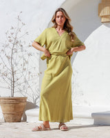 Label of Love A-Line Skirt in light green, full front view styled with matching blouse