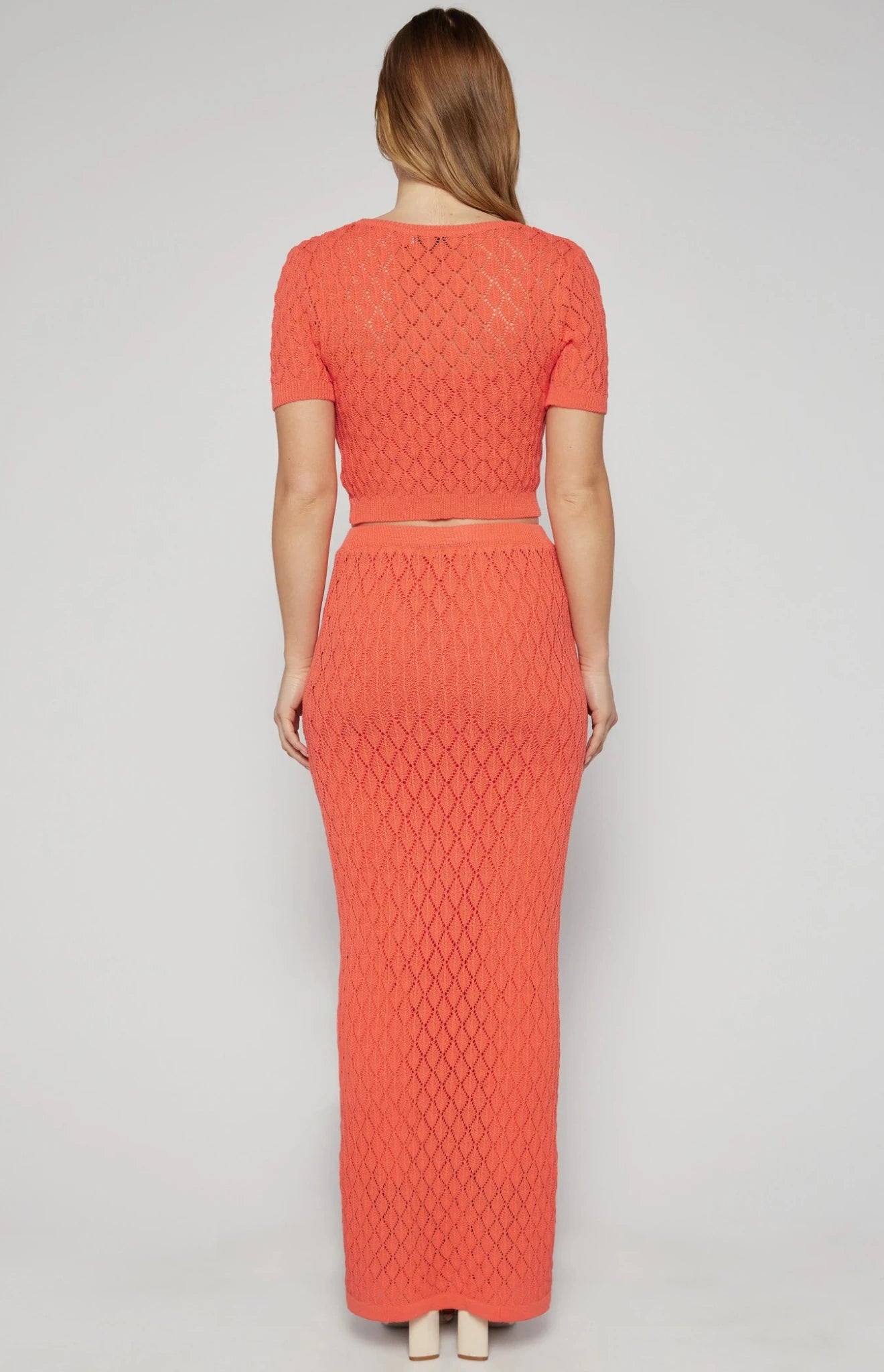 Crochet Knit Top and Maxi Skirt Set with Slip Cami Lining - Coral - Go - Dolly