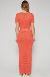 Crochet Knit Top and Maxi Skirt Set with Slip Cami Lining - Coral - Go - Dolly