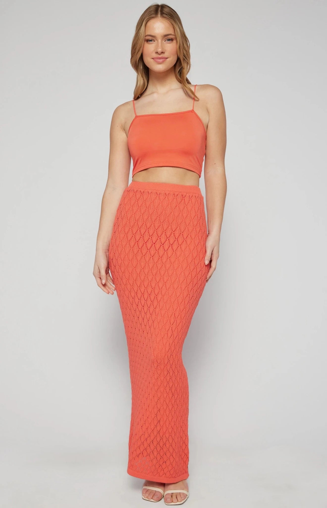 Crochet Knit Top and Maxi Skirt Set with Slip Cami Lining - Coral - Go - Dolly