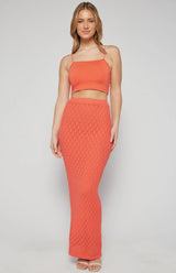 Crochet Knit Top and Maxi Skirt Set with Slip Cami Lining - Coral - Go - Dolly