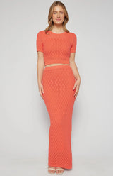 Crochet Knit Top and Maxi Skirt Set with Slip Cami Lining - Coral - Go - Dolly