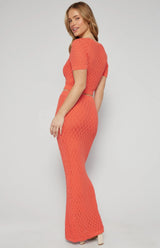 Crochet Knit Top and Maxi Skirt Set with Slip Cami Lining - Coral - Go - Dolly