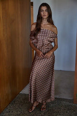 Daphne Satin Polka Dot Maxi Dress – Chocolate - Go - Dolly