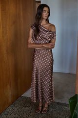 Daphne Satin Polka Dot Maxi Dress – Chocolate - Go - Dolly