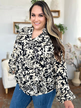 Double Take Full Size Printed Ruffle Trim Balloon Sleeve Shirt - Go - Dolly
