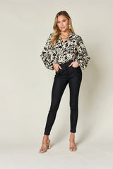 Double Take Full Size Printed Ruffle Trim Balloon Sleeve Shirt - Go - Dolly
