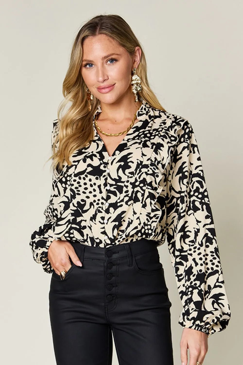 Double Take Full Size Printed Ruffle Trim Balloon Sleeve Shirt - Go - Dolly