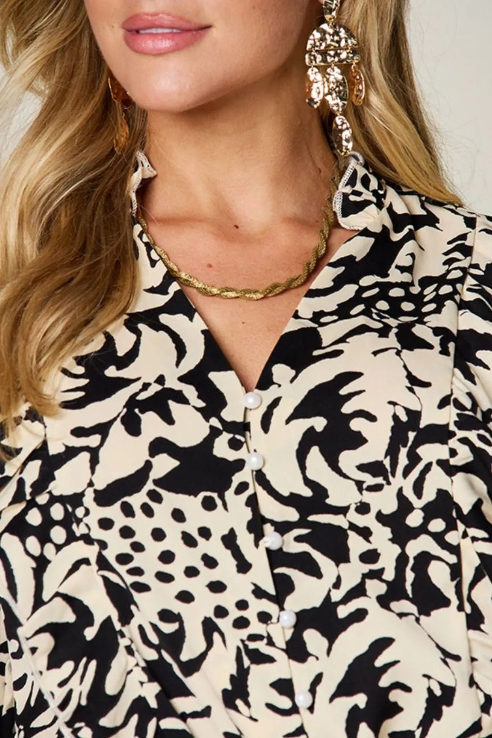 Double Take Full Size Printed Ruffle Trim Balloon Sleeve Shirt - Go - Dolly