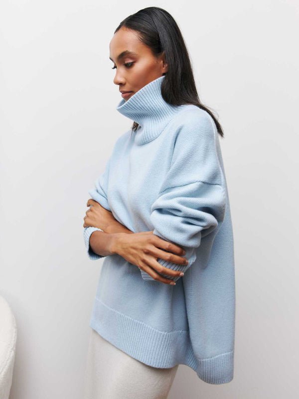 Side view of the Sky Blue version showing the long collar and fluid drape.