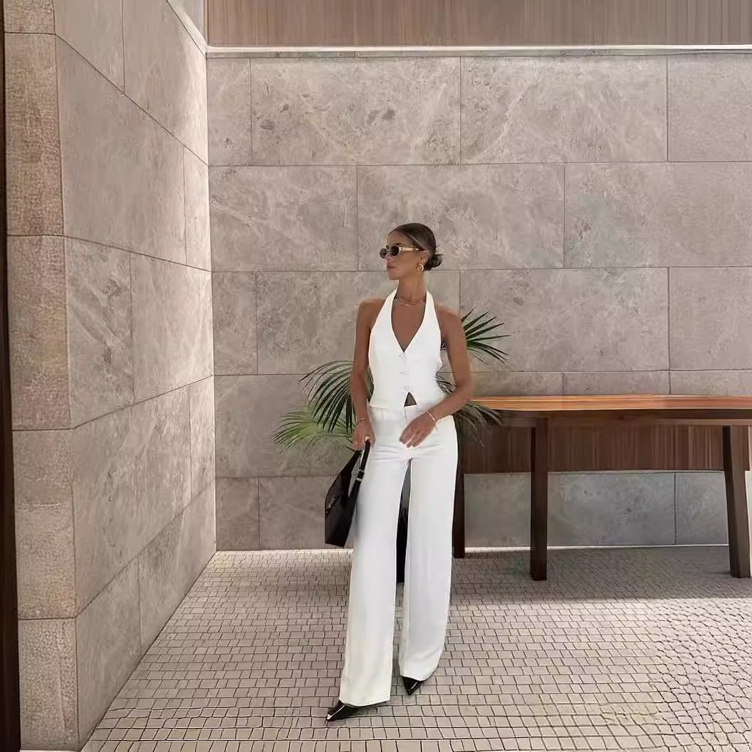 Side view of white halter top and wide-leg pants from the Flair Set