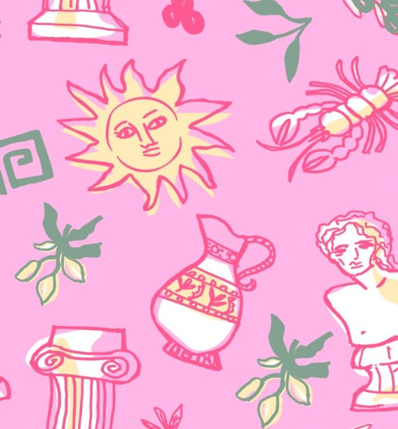 Close-up of the relaxed cotton shirt from the Girls Weekend Set, showcasing the hand-drawn Melci Studios sun and floral print.